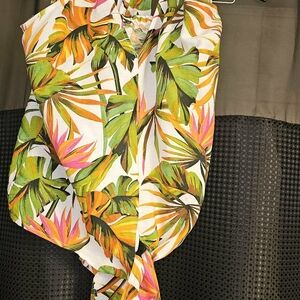 INC. WOMENS GREEN WHITE PINK FLORAL TROPICAL GARDEN HALTER TOP LINEN SML $59 NWT